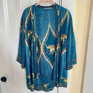 The Elephant Pants Boho Kimono Beach Cover Up - Teal Gold L/XL